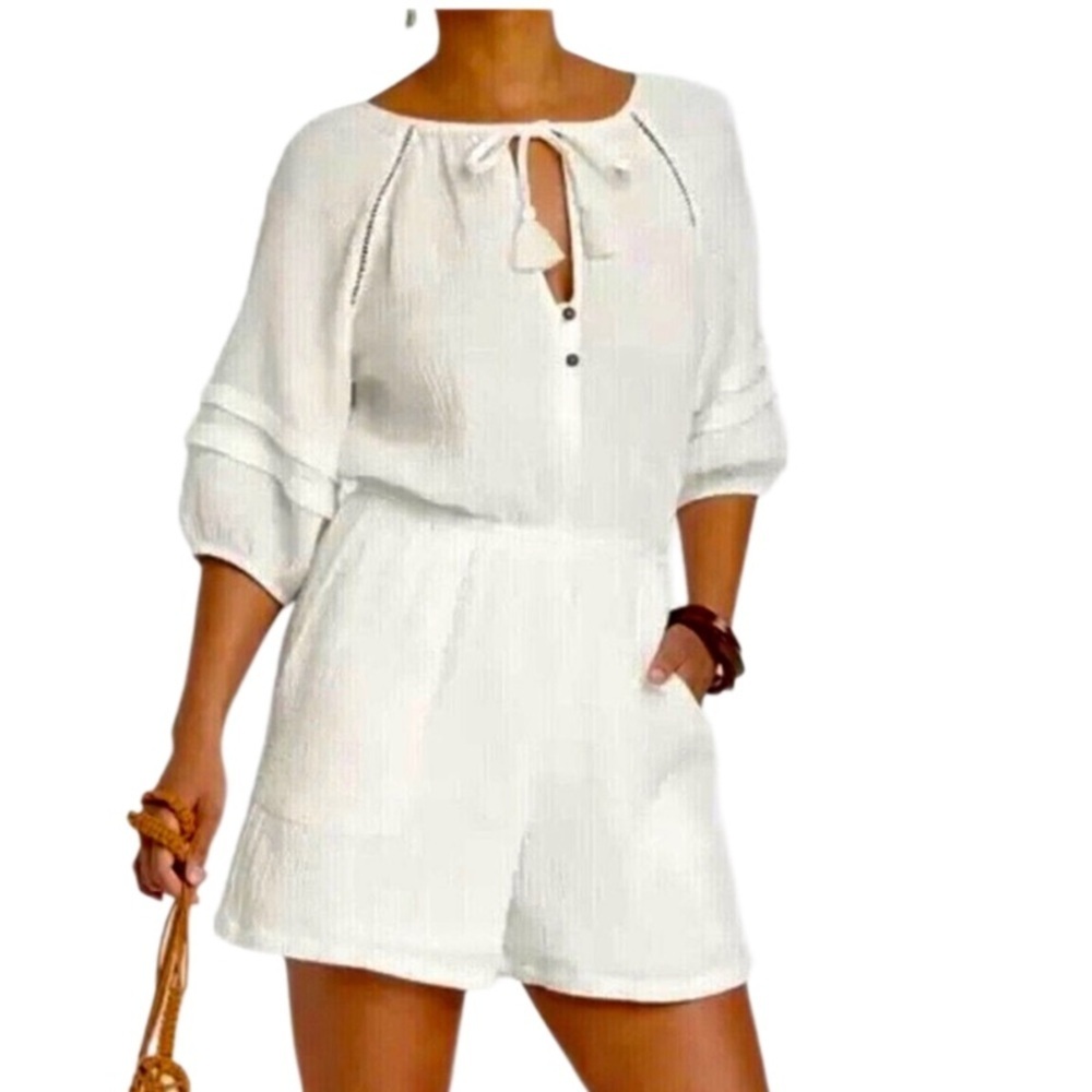 Knox Rose Cotton Gauze White Romper-Size Medium-Like New